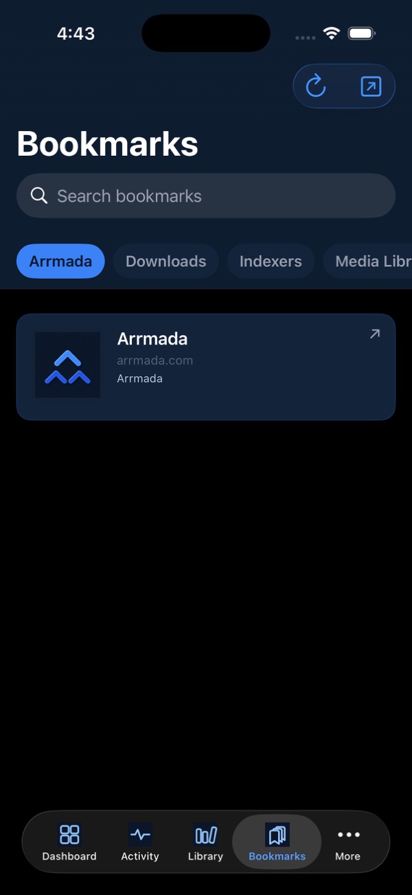 Heimdall bookmarks organized inside Arrmada on iPhone