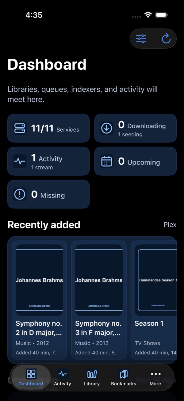 Arrmada dashboard on iPhone showing service status, active streams, upcoming releases, and recently added media