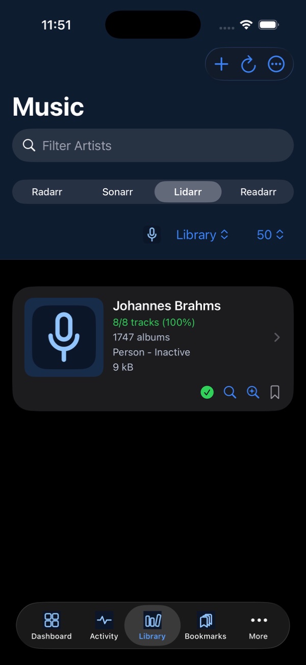 Arrmada unified library on iPhone with the controlled Lidarr music view selected
